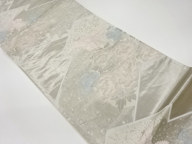JAPANESE KIMONO / VINTAGE FUKURO OBI / PLATINUM FOIL / WOVEN PEACOCK & FLOWERS